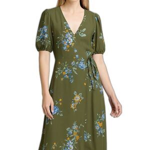 CottageCore, LOFT Floral Midi Wrap Dress – Olive Green